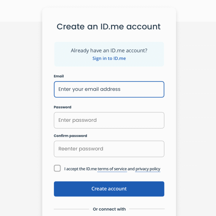 step 1. enter email address and password then select create account